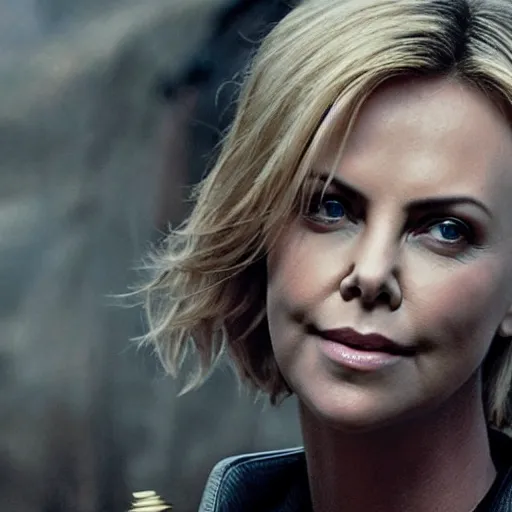 Image similar to Charlize Theron as a Terminator sent back in time to King Arthur's court, knights, beautiful, detailed, epic action, 4k cinematic action, by James Cameron