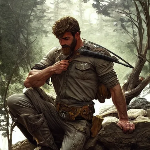 Image similar to Rugged male ranger relaxing by the fire, relaxed, D&D, muscular, upper body, fantasy, intricate, elegant, highly detailed, digital painting, artstation, concept art, smooth, sharp focus, illustration, art by artgerm and greg rutkowski and alphonse mucha