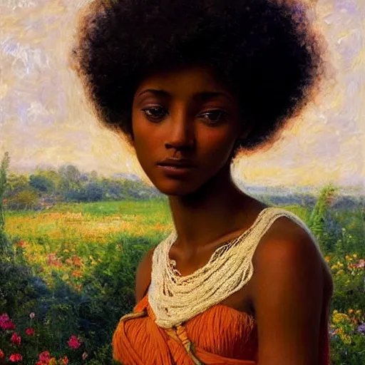 Image similar to east african woman with curly hair, dark skin, beautiful face, solid backdrop, simple, fedosenko roman, j. w. godward, jose miguel roman frances, intricate details, countryside, dreamy, impressionist, figurative