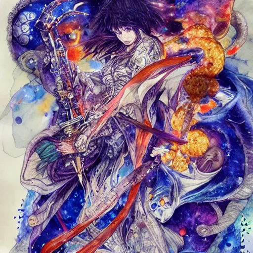 Prompt: cosmic pizza, watercolor, pen and ink, intricate line drawings, by Yoshitaka Amano, Ruan Jia, Kentaro Miura, Artgerm, detailed, trending on artstation, hd, masterpiece,