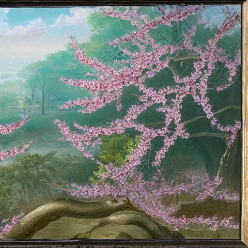 Image similar to matte painting of cherry blossoms in the trees entwining with venomous snakes