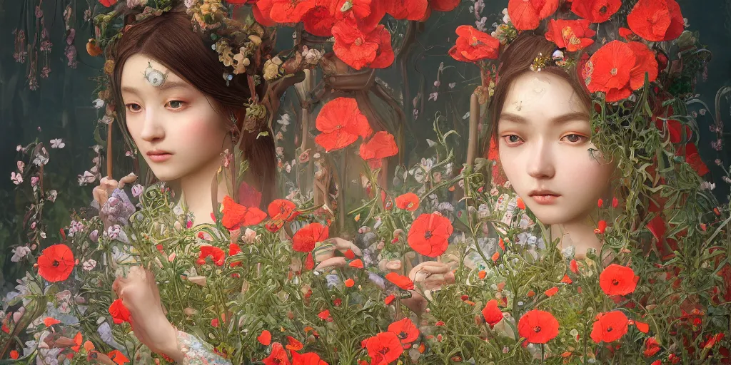 Image similar to breathtaking detailed concept art painting of the goddess of poppy flowers, orthodox saint, with anxious, piercing eyes, ornate background, amalgamation of leaves and flowers, by hsiao - ron cheng, extremely moody lighting, 8 k