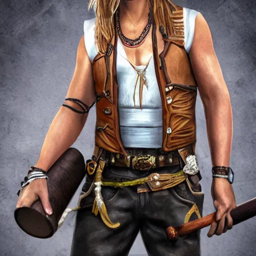 Image similar to a male ranger, dnd, wearing a leather vest and white linen pants, puka shell necklace, long swept back blond hair, with a bongo drum and nunchucks, chiseled good looks, digital art