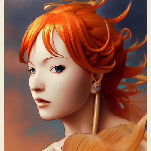 Image similar to intricately detailed vfx portrait of nami from one piece by eiichiro oda, makoto shinkai, alphonse mucha, art by artgerm and greg rutkowski, best of behance, concept art, matte, sharp focus, orange hair, elegant, adolphe bouguereau, annie leibovitz, stanley kubrick,