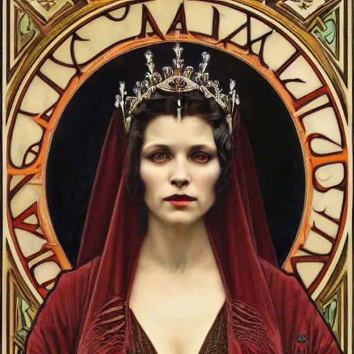 Image similar to portrait of a queen vampire, 35mm, 1920', depth of field, ominous, sharp, photorealistic, realistic, high definition, 8k, deviantart, donato giancola, irwin penn, Alphonse Mucha