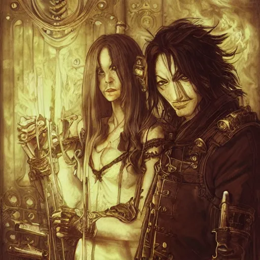 Image similar to a man and a woman standing next to each other in front of fire, an album cover by ayami kojima, cgsociety, international gothic, steampunk, fantasy, gothic