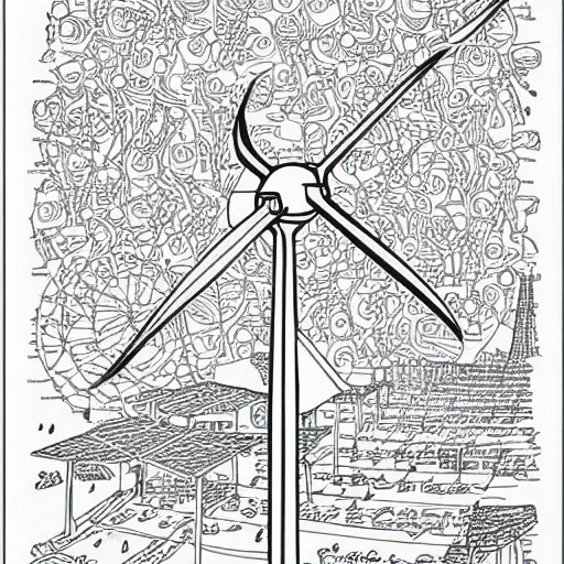 Image similar to Simplistic coloring book of a wind turbine blueprint, black ball pen on white paper, by Josan Gonzalez and Geof Darrow