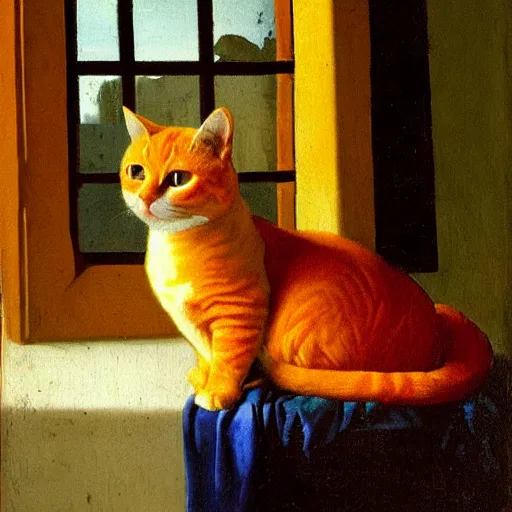 Image similar to a painting of an orange cat staring profoundly into the window, a detailed painting by johannes vermeer, behance, american scene painting, dutch golden age, detailed painting, academic art