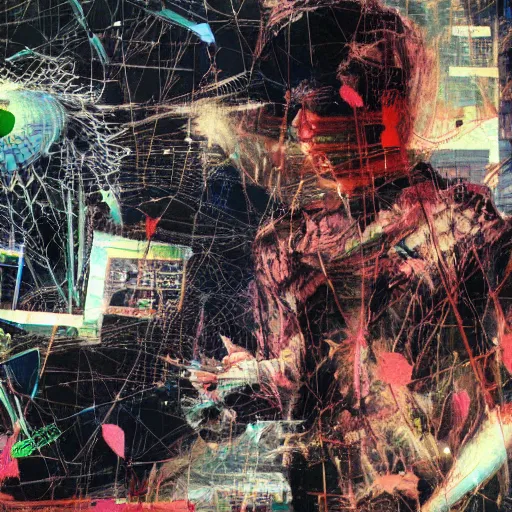 Image similar to a daydreaming hacker under progressive rasterization is surrounded by digital birds, neon virtual networks, and information visualization, oil on canvas by dave mckean and yoji shinkawa