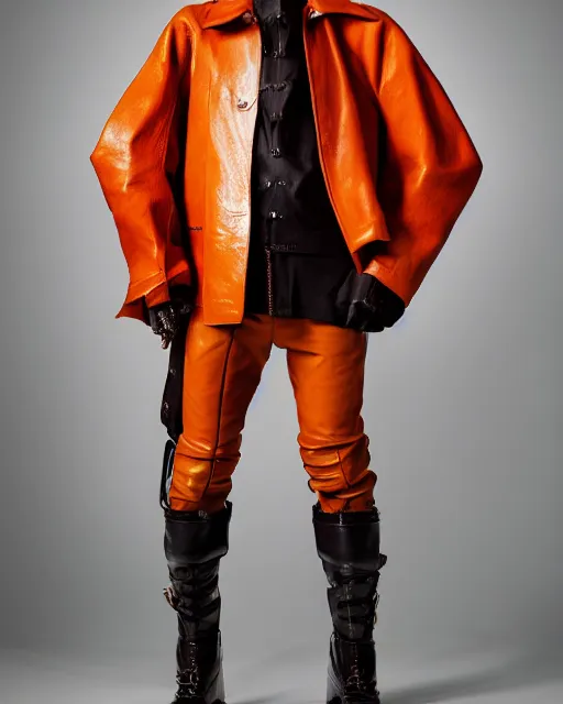 Image similar to a fashion editorial photo of a desaturated orange extremely baggy short ancient medieval designer menswear leather jacket with an oversized collar and baggy bootcut trousers designed by alexander mcqueen, 4 k, studio lighting, wide angle lens