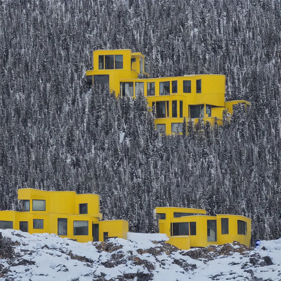 Image similar to an asphalt road leading to a mid-century modern house with large windows on top of a cliff in the arctic, covered with snow, designed by Frank Gehry. Big tiles. Film grain, cinematic, yellow hue