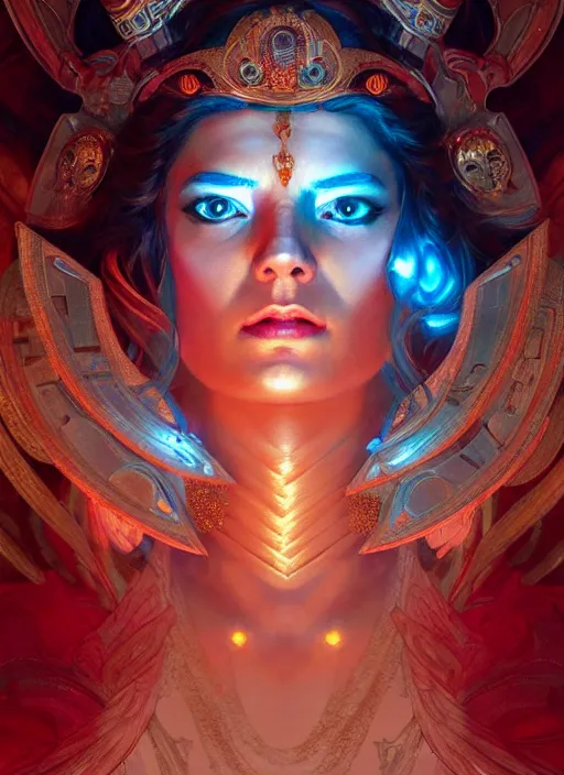 Image similar to the goddess hera looking angry, paper armour, volumetric lights, red and cyan theme, dystopian, intricate, elegant, highly detailed, digital painting, artstation, concept art, smooth, sharp focus, symmetric face, illustration, art by artgerm and greg rutkowski and alphonse mucha