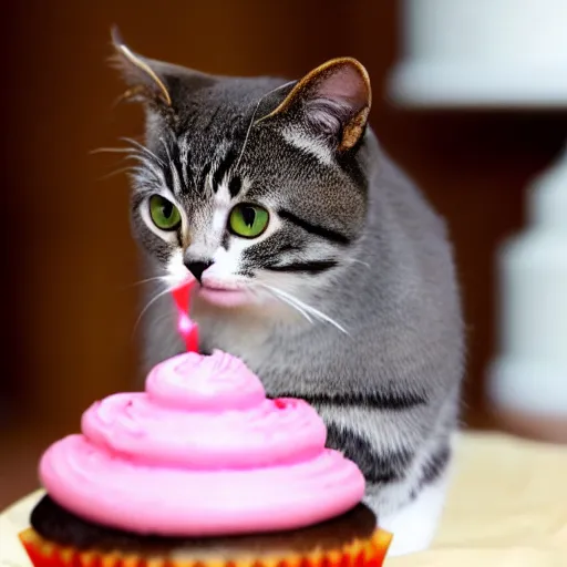 Image similar to a cute cat blowing out a candle on a cupcake