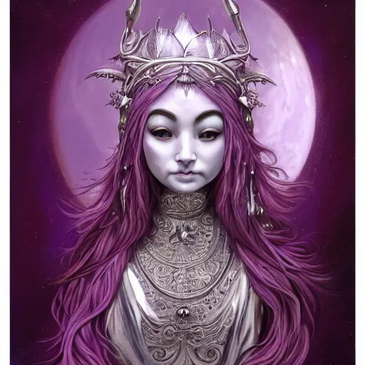 Prompt: painting of cute prophetess of the moon, silver filigree armor and tiara, moon above head, purple wavy hair, smooth translucent skin, wide striking eyes, beautiful! coherent! symmetrical body, by brom, by junji ito, by brian froud, strong line, high contrast, muted color, preraphaelite style, 4 k, trending on artstation