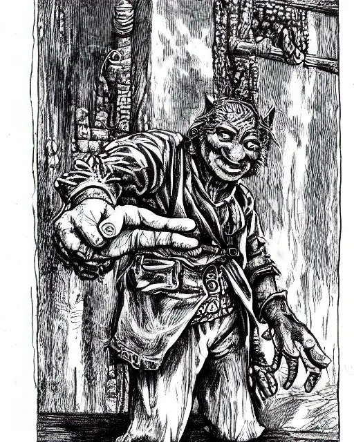 Prompt: pen and ink drawing of a goblin merchant holding out his palm to show gold coins, by steve jackson and ian livingstone, highly detailed