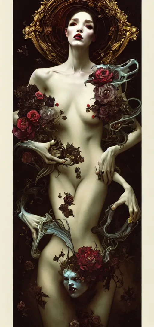 Image similar to baroque oil painting of full body vampire princess portrait, by nekro, peter mohrbacher, alphonse mucha, brian froud, yoshitaka amano, kim keever, victo ngai, james jean