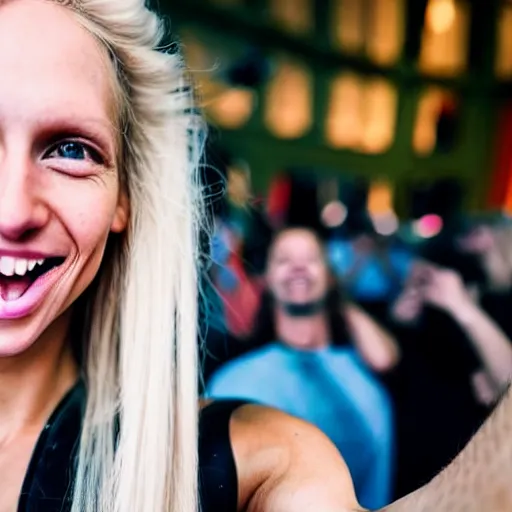 Image similar to skinny blond reporter with long deadlocks takes a smiling selfie in front a rave, winking at the camera, high detail, full focus, time magazine 2 0 2 2