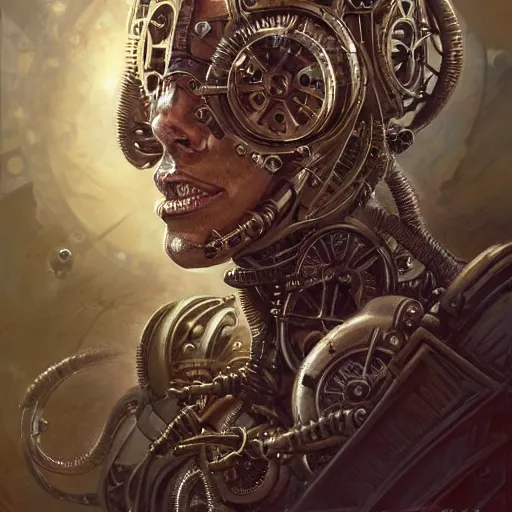 Image similar to low angle shot of a steampunk cyborg with a human face by clive barker, intricate, elegant, highly detailed, centered, digital painting, artstation, concept art, smooth, sharp focus, illustration, artgerm, Tomasz Alen Kopera, Peter Mohrbacher donato giancola, Joseph Christian Leyendecker, WLOP, Boris Vallejo.