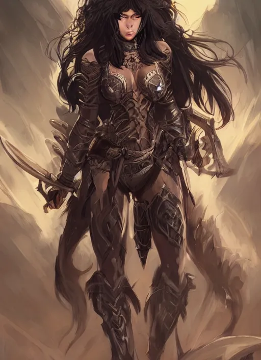 Image similar to beautiful warrior lady, black long hair, practical armor, brown skin, demonic eyes, low fantasy, extremely detailed, sharp focus, smooth, digital illustration, by rossdraws, frank franzzeta, sakimichan