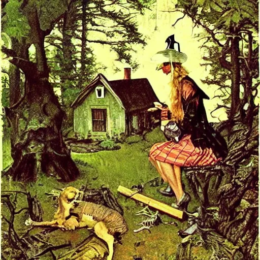 Image similar to witch cottage rococo in the forest, art by norman rockwell