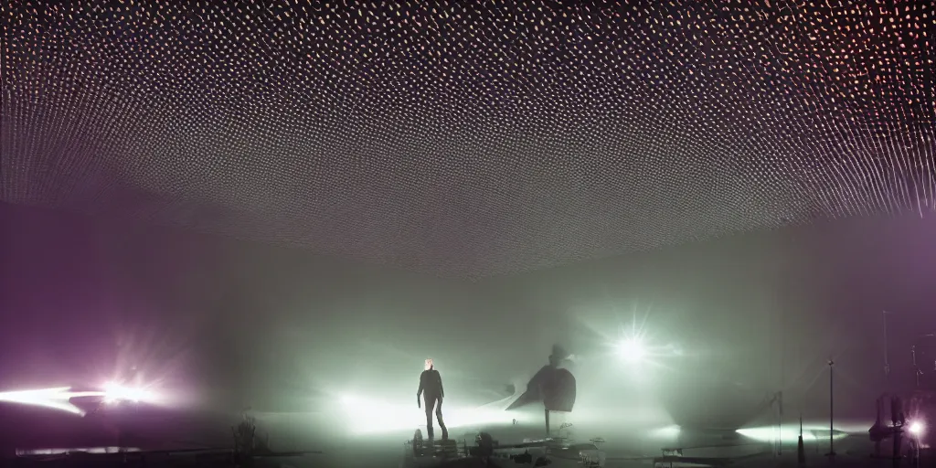 Image similar to Thom Yorke singer songwriter, Radiohead group of people on stage playing instruments, elaborate stage effects, dust, smoke, giant LED screens, colored projections, ultrafine detail, glowing thin wires, smoke, high contrast, projections, a screenshot by David Gilmour Blythe, holography, tesseract, volumetric lighting, anamorphic lens flare