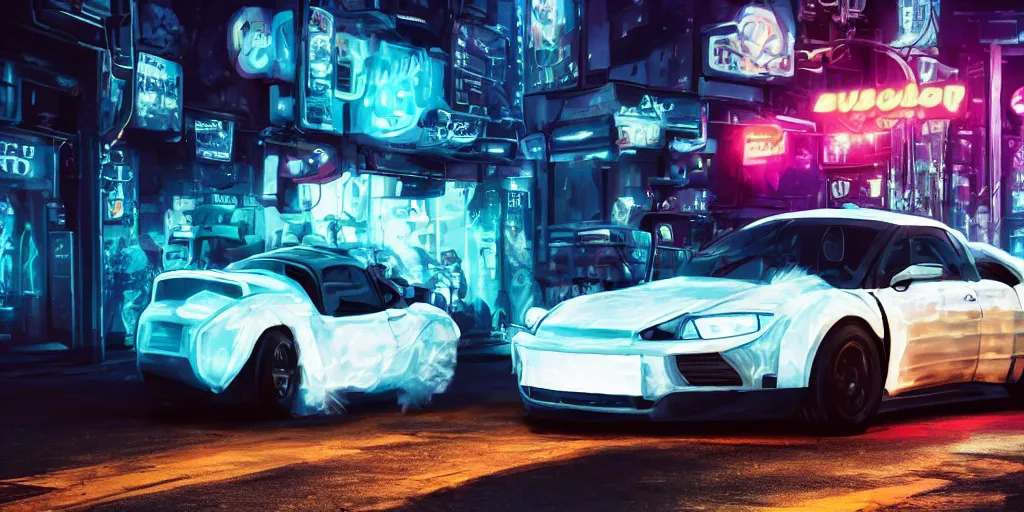 Image similar to a fluffy roadster covered with white fur and in the style of a panda, parking in the street, Cyberpunk, neon light, 4k, hd, highly detailed