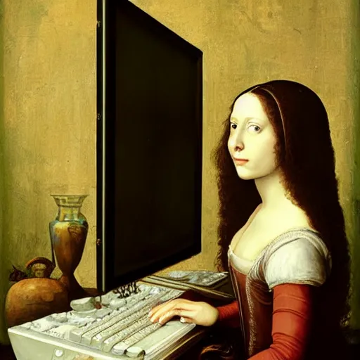 Image similar to Renaissance oil painting, creepy young lady, dark hair, typing computer keyboard staring at a giant computer screen on wall