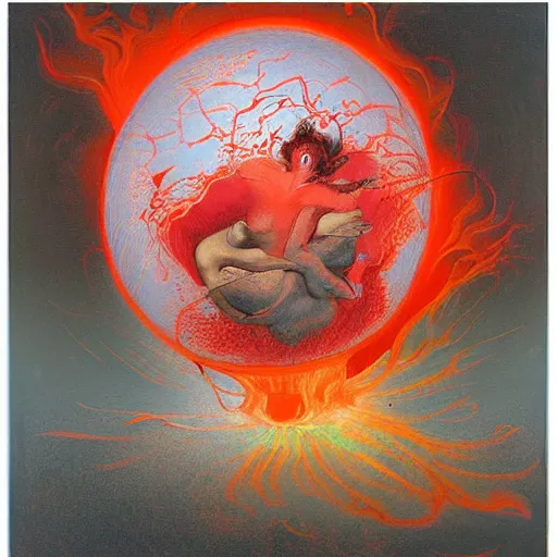 Image similar to a sphere being devoured by abstract splatters of paint in the style of francis bacon, venus being engulfed in flames in front of a female face in the style of james jean, surreal, beksinski, high detailed