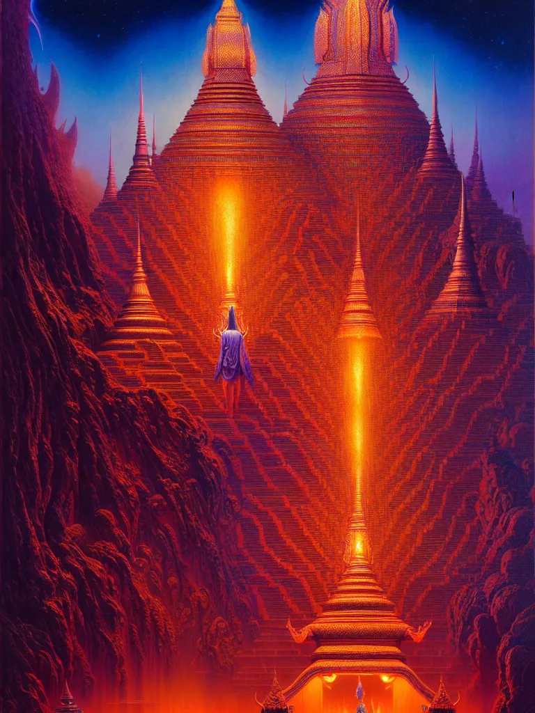 Prompt: a dmt entity thai architecture, tim hildebrandt, wayne barlowe, bruce pennington, donato giancola, trending on artstation, cinematic composition, beautiful lighting, hyper detailed, 8 k, oil on canvas