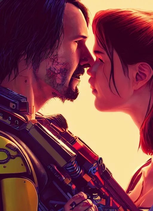 Prompt: a cyberpunk 2077 couple portrait of Keanu Reeves & female android in final kiss,love,by Laurie Greasley,Lawrence Alma-Tadema,Dan Mumford,artstation,deviantart,FAN ART,full of color,Digital painting,face enhance,highly detailed,8K,octane,golden ratio,cinematic lighting