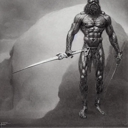 Image similar to zeus in thunder armor concept, bearded, muscular, beksinski