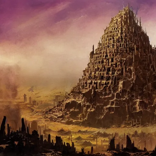 Image similar to babel tower in post apocalyptic Babylon , painting by frazetta, low angle,wide angle, panorama