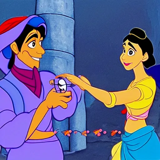 Image similar to aladdin and jasmine in electronics store picking up a flying drone, old 2 d disney artstyle