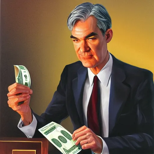 Prompt: jerome powell with a money printer by alex ross