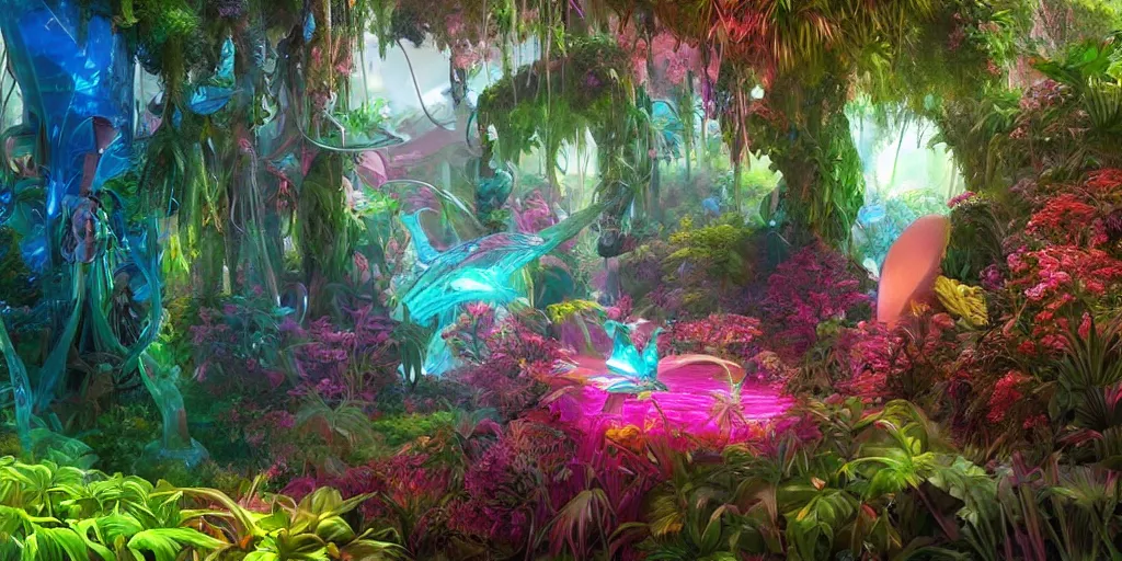 Prompt: Beautiful futuristic crystal sculpture in jungle with big wild flowers, soft neon lights, bright colors, cinematic, smooth, chrome, dramatic, fantasy, by Moebius, by Zdzisław Beksiński, high contrast, epic composition, sci-fi, dreamlike, surreal, angelic, 8k, unreal engine, hyper realistic, fantasy concept art, XF IQ4, 150MP, 50mm, F1.4, ISO 200, 1/160s, natural light, Adobe Lightroom, photolab, Affinity Photo, PhotoDirector 365