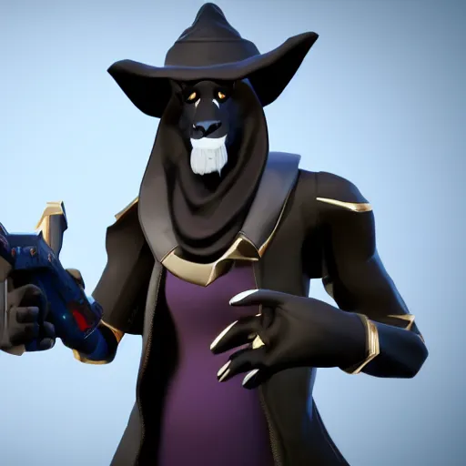 Prompt: an anthropomorphic black goat wizard in fortnite, black wizard robes, holding a gun, 3 d unreal engine render