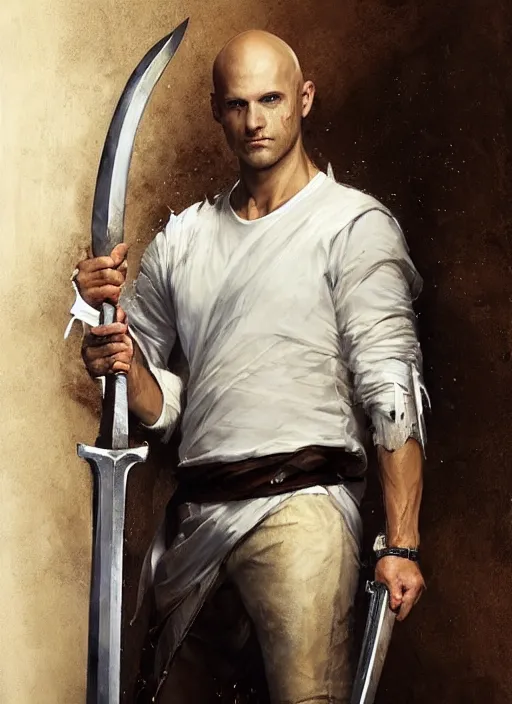 Image similar to a young man with wide, intense eyes. he is bald and clean shaven, dressed entirely in white and holding a huge sword. painting by greg rutkowski and raymond swanland