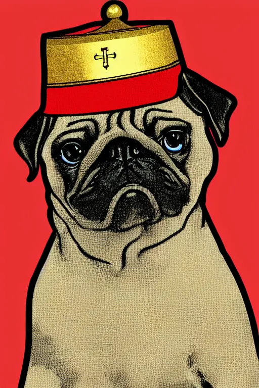 Image similar to Portrait of a pug as the pope, knight, medieval, sticker, colorful, illustration, highly detailed, simple, smooth and clean vector curves, no jagged lines, vector art, smooth