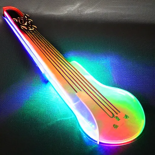 Prompt: Futuristic Hitech Glass Iridescent Holographic Vibrant Metallic Modern Electric Laser Harp Violin instrument