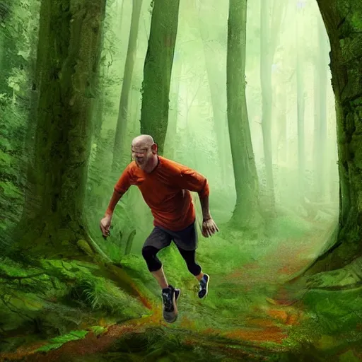 Prompt: a guy in acid-green athletic sneakers runs through a forest with tall trees, art by Marc Simonetti,