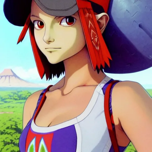 Image similar to beautiful boyish natalie portman gravure model in majora's mask, wearing wooden mask and baseball cap and leotard, street wear with subtle mayan patterns, aztec bathing suit, gapmoe yandere grimdark, trending on pixiv fanbox, painted by greg rutkowski makoto shinkai takashi takeuchi studio ghibli, akihiko yoshida