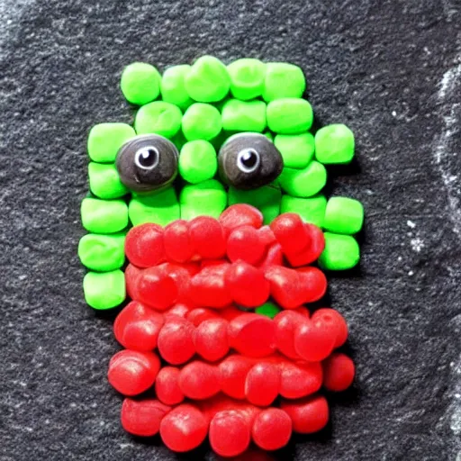 Image similar to golem made of sour skittles.