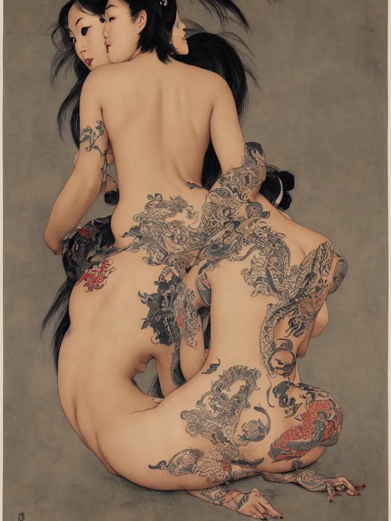 Prompt: a full figure Portrait of a beautiful asian girl with a tattoo of a dragon on her back sitting in a temple by Norman Rockwell