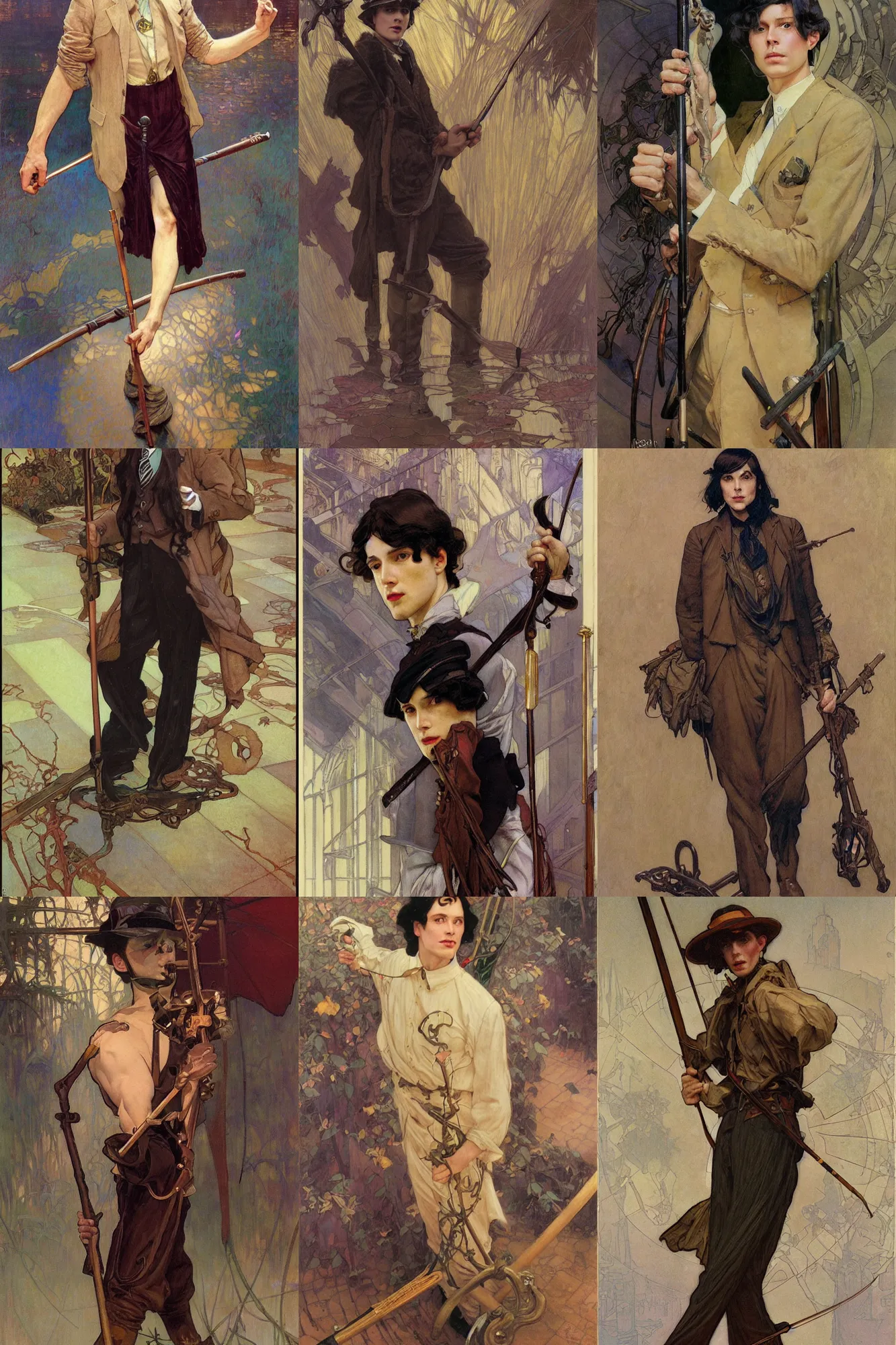 Prompt: young male with walking stick, long dark hair, 1 9 2 0 s fashion, art by joseph leyendecker, donato giancola, dean cornwell, ruan jia, marc simonetti, ayami kojima, cedric peyravernay, alphonse mucha, thomas kinkade, victo ngai