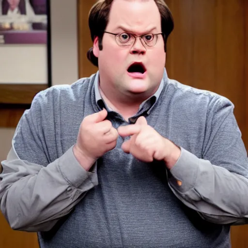 Image similar to dwight schrute pretending to be brian baumgartner