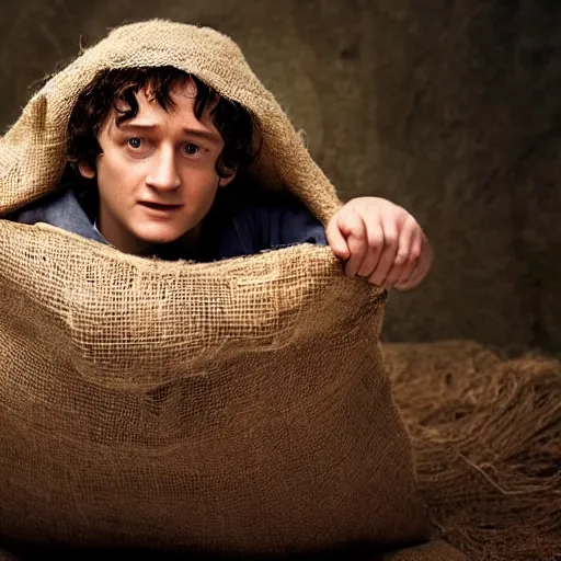 Prompt: frodo from lord of the rings in a burlap sack overflowing with potatoes, the sack has many potatoes in it, photography, realistic, mid shot, in his hobbit home, cinematic lighting