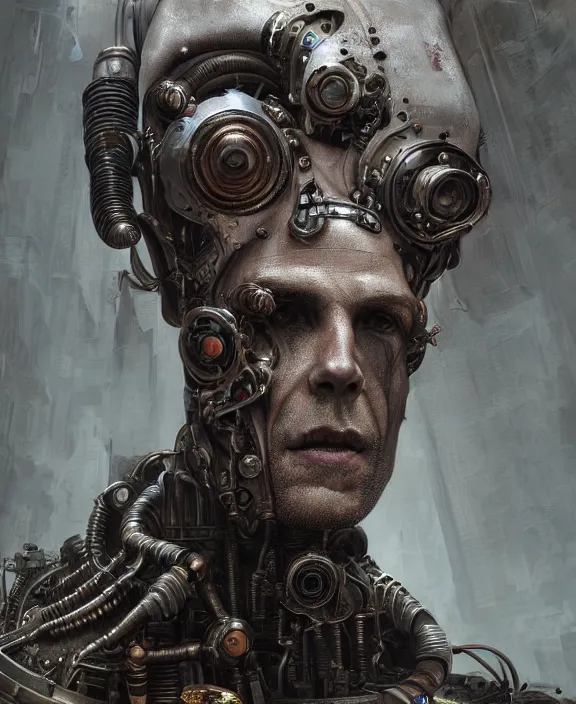 Image similar to a detailed portrait of a steampunk cyborg man, by hr giger and beksinski and stephan martiniere, 4 k resolution, detailed, 3 d render, unreal engine, octane render, trending on artstation