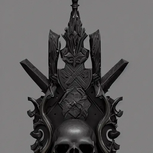 Prompt: a black sword skull crest, ornament, weapon, a 3 d render by dom qwek, studio lighting, front side view, trending on polycount, hard surface modeling, rendered in maya, 3 ds max, blender, artstation hd, vray