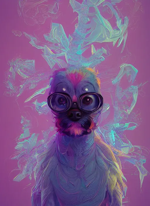 Image similar to colourful caricature - 3 d vfx art - of a dog, art style by james jean & hsiao - ron cheng, character concept art, unreal engine render, digital illustration, sharp, intricate detail, volumetric light, ray tracing, soft light, symmetric, pinterest, artstation, behance,