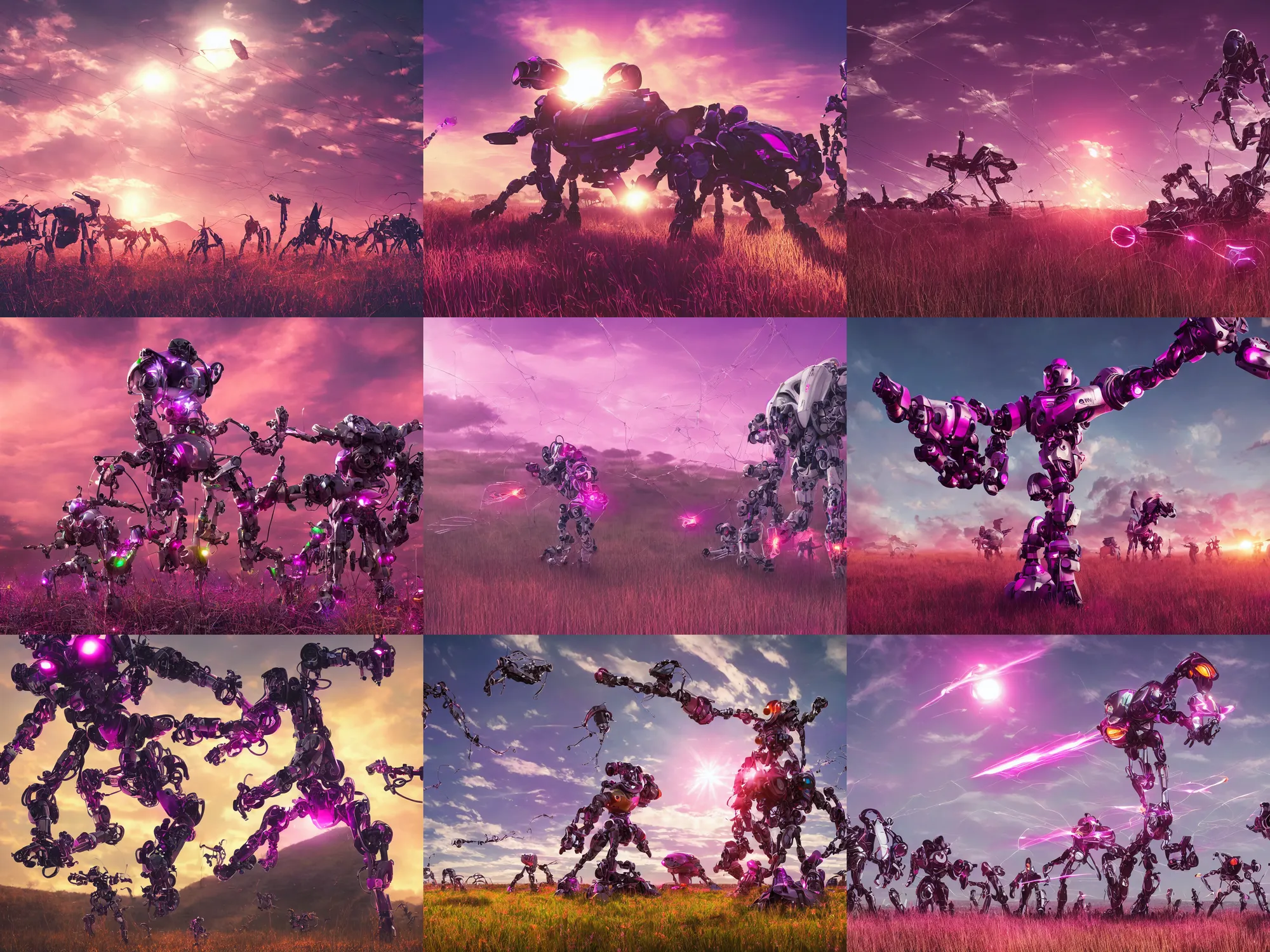 Prompt: pink, orange, purple, shields, flashes, white metal and black plastic robot wildlife, wires and lights, herds fighting, african plains, long grass, futuristic robot organisms, anime, acacia trees, dramatic lighting, cinematic, anamorphic, golden hour, solarpunk